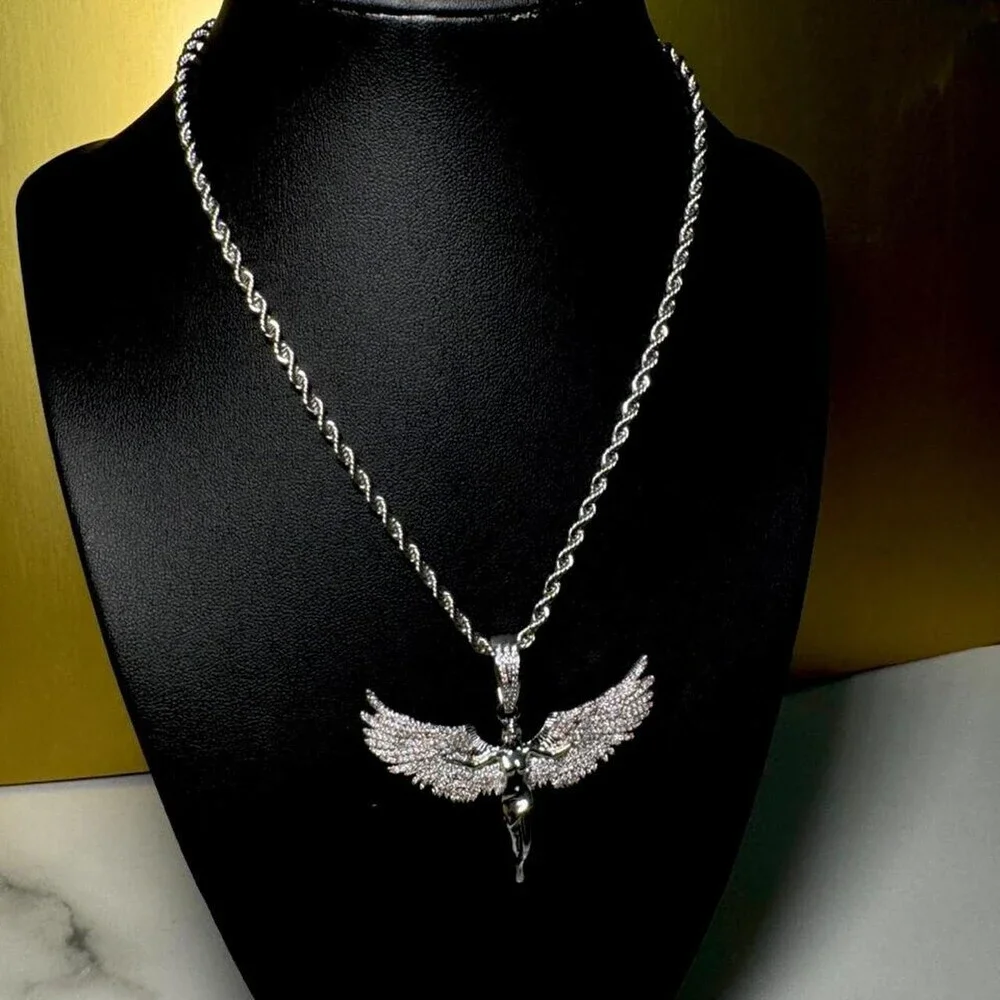 Silver Angel Wings Pendant With 24inch rope chain